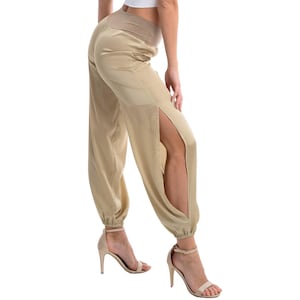 Tango dance satin gathered pants with slits, Comfortable stretch waist Babucha dance pants, Rumba practice pants with elastic ankle cuffs