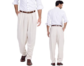 Men's Tango dance pants, Sand beige linen trousers for men, Men's loose leg pants, Men's trousers with two inverted pleats, Men Salsa pants