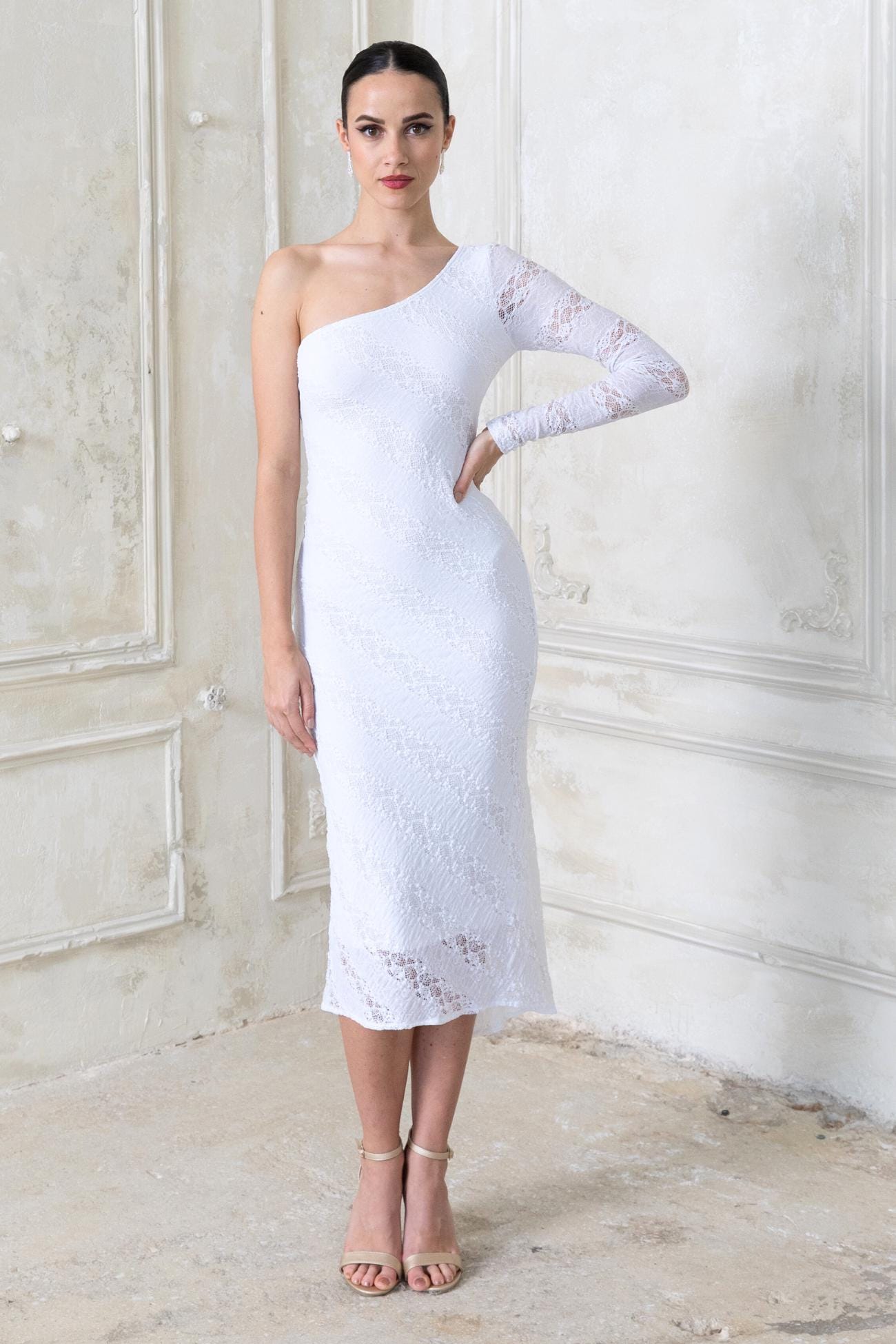 chinese dress ladies Mac Duggal Women's Embellished One Shoulder Feathered Gown - White