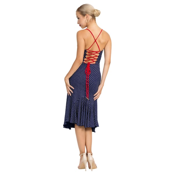 Polka dot Tango dance dress with open lace-up back and ruffles