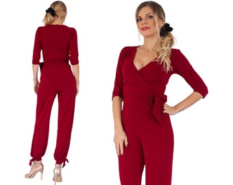 Argentine Tango dance jumpsuit, Elegant wrap jumpsuit with ankle ties, Social dancing jumpsuit, Elastic fitted overall garment with v neck