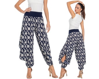 Pantaloni da tango argentino, pantaloni in georgette floreale blu navy, pantaloni da ballo con spacchi laterali alti, pantaloni a gamba larga con caviglie raccolte, pantaloni latini