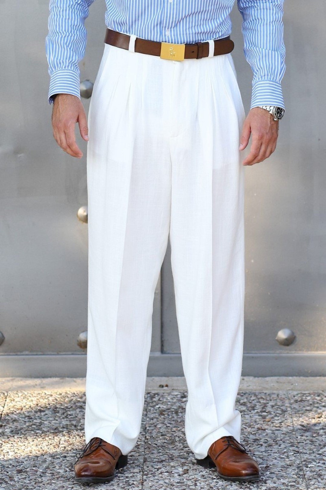 Mens White Linen Outfit Beach Wedding Shirt  Pants Set Successo 1065