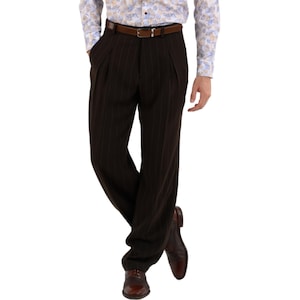May include: Brown pinstripe dress pants with a brown leather belt.