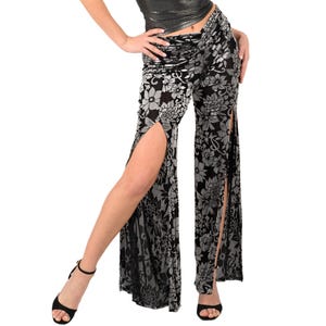 Tango dance pants, Wide leg velvet pants with front high slits, Black and gray flower print pants, Latin performance pants, Milonga pants