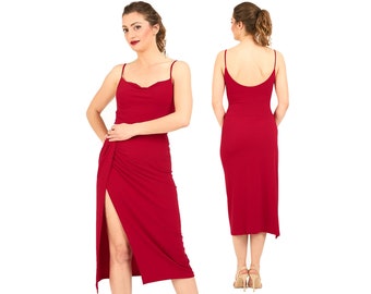 Tango dress, Sexy Salsa dress, Latin dance midi dress, Milonga dress with high slit, Draped neck cocktail dress, Spaghetti strap midi dress