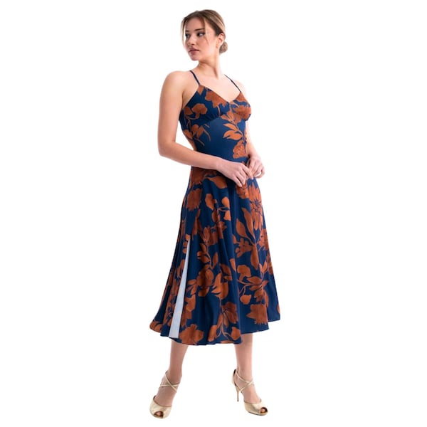 Blue spaghetti strap open back Tango dance dress with terracotta floral print