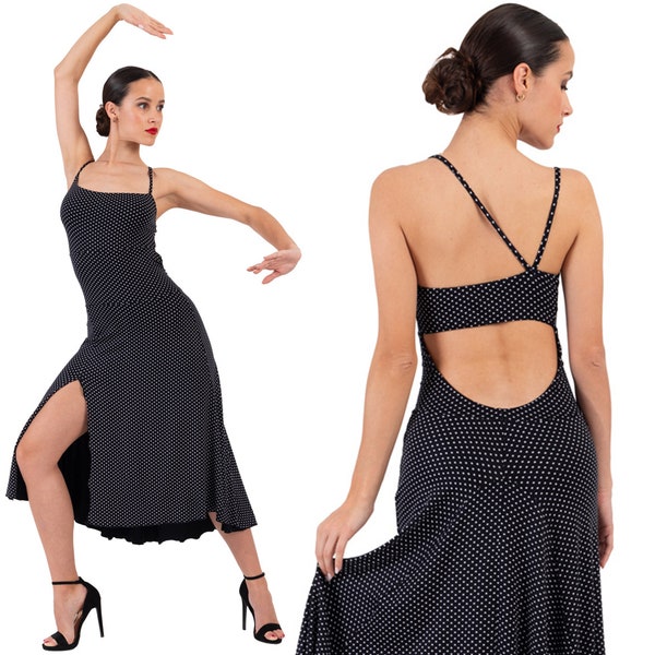 Robe de danse de salon, robe de tango argentin, robe midi imprimée à pois, robe décolletée dans le dos, robe asymétrique fendue en hauteur, robe latine