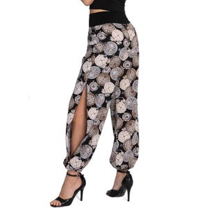 Vintage clock print Tango dance pants, Babucha performance pants with gathered ankle cuffs, Comfortable stretch waist Salsa dance pants