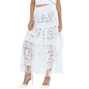 Flamenco aesthetic lace skirt, White sheer lace skirt with sequin fringes, After wedding dance skirt, Argentine Tango skirt, Ballroom skirt