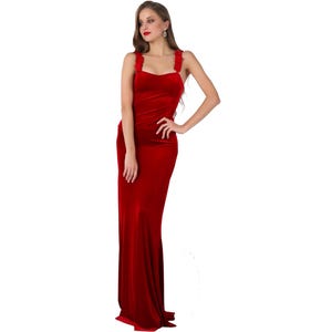 Red long velvet gown, Bodycon maxi prom dress, Red velvet bridesmaid dress, Festive shiny velvet gown, Evening fitted mermaid dress