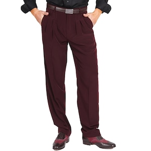Men&#39;s Argentine Tango pants, Men&#39;s classic burgundy pants, Men&#39;s Ballroom show pants, Men&#39;s wide leg pleated pants, Bachata dance men pants