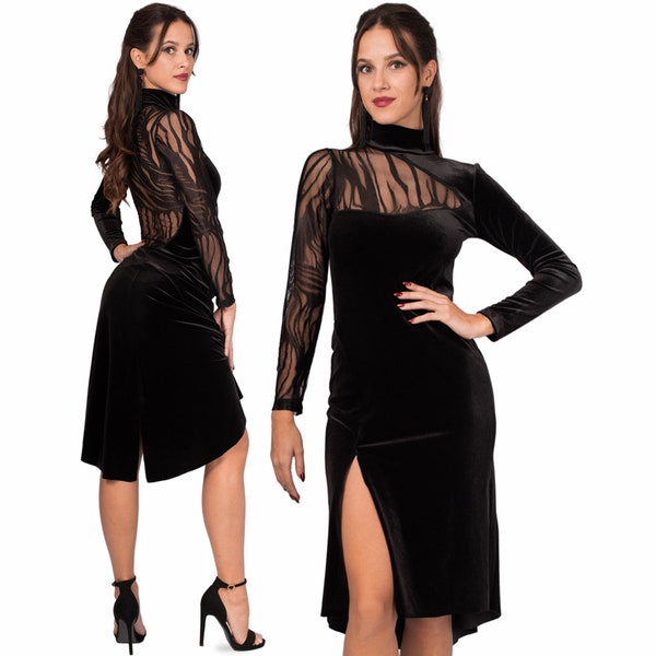 Robe de tango argentin, robe fendue haute en velours noir, robe de spectacle de salon, robe en tulle effet zèbre, robe dos nu recouverte de dentelle