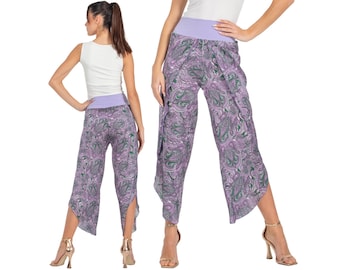 Argentine Tango pants, Purple paisley printed pants, Asymmetric pants with high slits, Loose fit pants with wrap effect, Bachata dance pants