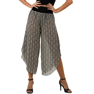 Tango dance pants, Black and white monogram print pants, Asymmetric cropped georgette pants, Milonga pants, Side high slit lightweight pants