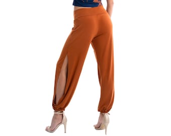 Argentine Tango dance pants with side slits, Comfortable elastic waist Babucha pants, Salsa practice trousers with gathered ankle cuffs