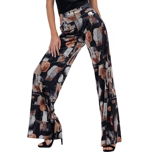 Tango dance pants, Leaf printed velvet pants, Latin performance pants, Earth tone patterned pants, Comfortable loose leg velvet pants