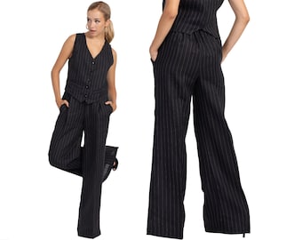 Black pinstriped patterned pants, Women's front pleated trousers, Tango dance pants, Wide bell leg pants, Ladies evening suit pants