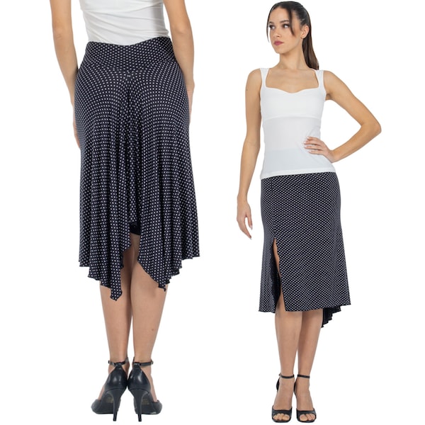Argentine Tango skirt, Latin dance skirt, 80s dotted print skirt, Feminine pin up skirt, Milonga practice skirt, High slit swing skirt
