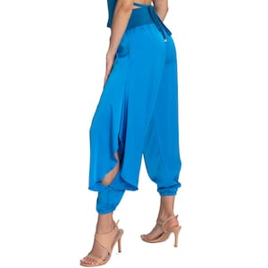 Tango satin pants with ruffled slits, Latin dance pants with elastic ankle bands, Ballroom loose leg gathered ankle pants, Babucha pants