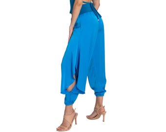 Tango satin pants with ruffled slits, Latin dance pants with elastic ankle bands, Ballroom loose leg gathered ankle pants, Babucha pants