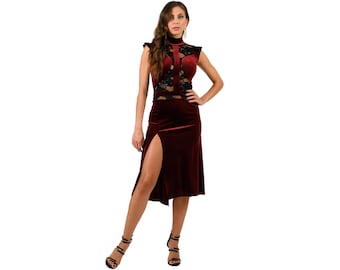 Argentine Tango dress, Latin dance dress, Ballroom competition dress, Milonga performance velvet dress, Black lace covered back dress