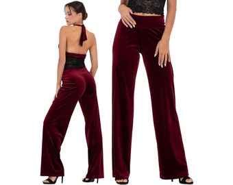 Casual velvet wide leg pants, Social dancing practice pats, Elastic waist airy fit pants, Loungewear velvet pants, Feminine loose leg pants