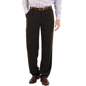 May include: A pair of dark brown pinstripe dress pants with a brown leather belt.