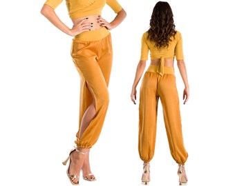 Mustard yellow satin pants, Social dancing practice pants, Argentine Tango pants, Casual gathered ankle pants, Bachata dance pants