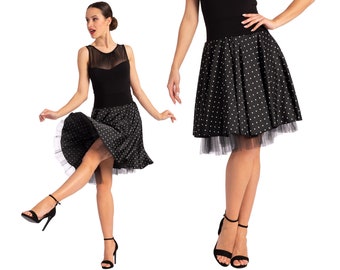 Social dancing skirt, Pin up polka dot skirt, Swing dance skirt, Argentine Tango skirt, Black satin short skirt, Feminine two layer skirt