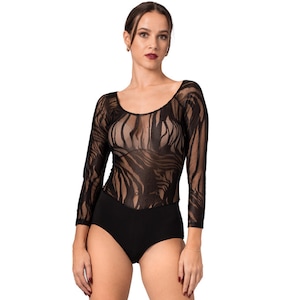 Black zebra print see through tulle bodysuit, Ballroom dance black mesh long sleeve bodysuit, Argentine Tango dance sheer black bodysuit