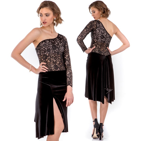 Robe de danse rumba, robe de tango argentin, robe fendue haute en velours noir, robe de performance latine, robe à manches longues en dentelle florale