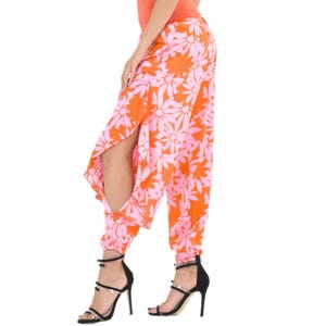 Coral and pink floral satin Tango dance pants with ruffled slits, Latin practice harem style pants with stretch waist and ankle cuffs