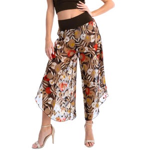 Tango dance poppy floral print pants, Asymmetric airy see through pants, Latin performance lightweight pants, Earthly tone print pants