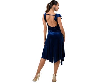 Velvet Argentine Tango dress with ruffle details, Ballroom performance low scoop back dress, Asymmetric Milonga dance dress, Salsa dress