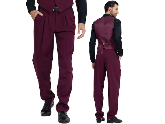 Men's Classic Burgundy Pants, Men's Argentine Tango Pants, Men's Ballroom  Pants, Men's Three Pleated Evening Trousers, Social Dancing Pants -   Norway
