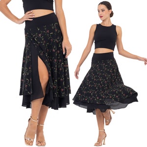 Black skirt with embroidered flowers, Argentine Tango dance skirt, Two layer georgette skirt, Ballroom Waltz skirt, Midi high slit skirt