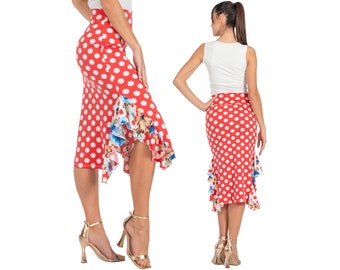 Argentine Tango skirt, Red polka dot skirt with blue floral details, Bodycon side ruffle skirt, Elastic fitted Latin skirt, Milonga skirt