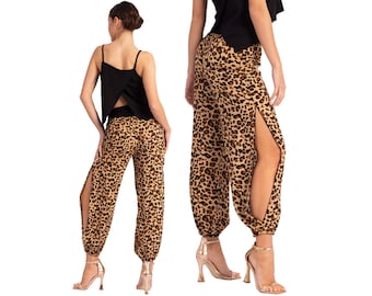 Tango dance pants, Leopard printed viscose pants, Latin practice pants, Comfortable elastic waist pants, Loose high slit ethnic pants