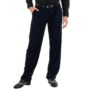 May include: A pair of black pinstripe pants with a black belt.
