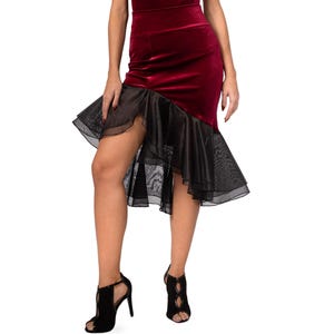 Argentine Tango skirt, Organza ruffle finished skirt, Velvet elastic fitted skirt, Salsa performance skirt, Evening bodycon velvet skirt