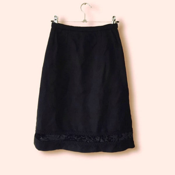 Black Brocade Velvet Trim Vintage Y2K Size XS / / EU 36 Knee Length Fored Party Skirt