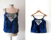 Acid wash denim top, Reworked, Studded top, Pink , Grey, Embroidered top, Tapestry, Vintage, Rose top, Blue camisole, Strappy vest top