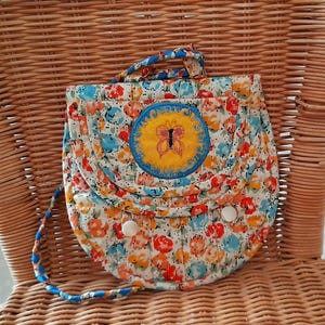 Vintage 60s Retro Handsewn Cotton Floral Butterfly Patch Quilt Button Bag