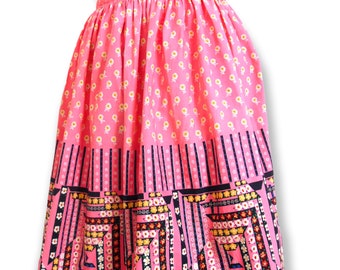 Vintage 1950s mexican Flower Pattern Bubblegum Pink Red Orange Handsewn Size Small Cotton Button Mid-length Flared Retro Circle Skirt