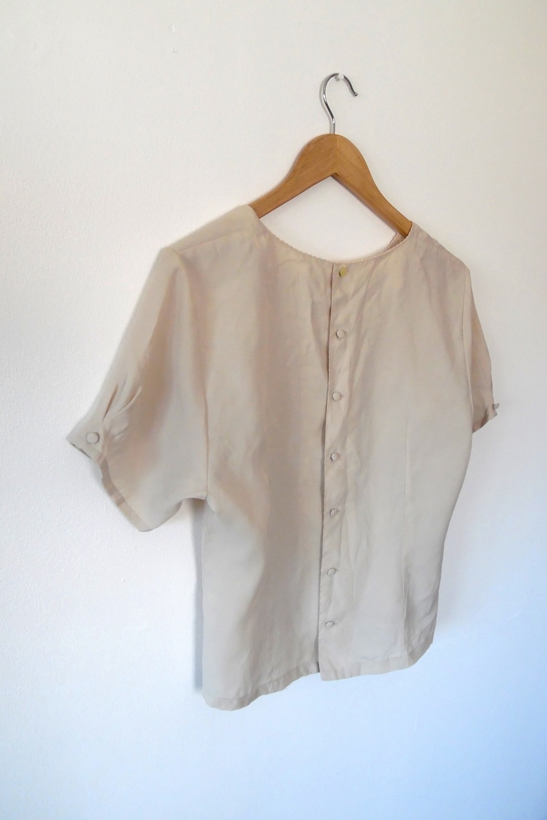 reworked cream lace top Beige silky blouse top button up blouse top stone lace trim vintage short sleeve square collar crochet