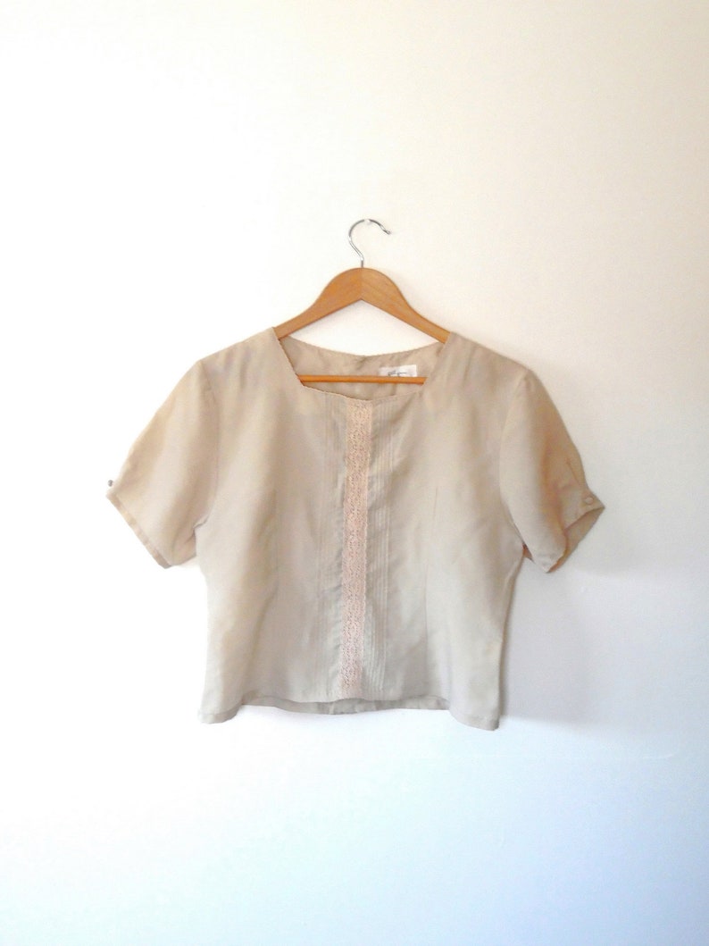 reworked cream lace top Beige silky blouse top button up blouse top stone lace trim vintage short sleeve square collar crochet