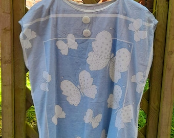 Blue & White Butterfly Polka Dot Flower Print Cotton Retro Vintage 1960s Summer Button Blouse Top