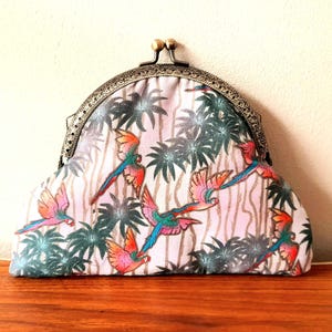 Pink Rainbow Parrot Purse, Bird Print, Tropical Print, Palm Tree, Handmade, Gift, Cotton Fabric, Bronze Tone Metal Clasp Coin/Card Pouch