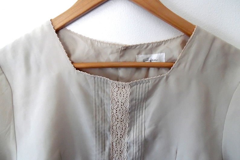 reworked cream lace top Beige silky blouse top button up blouse top stone lace trim vintage short sleeve square collar crochet